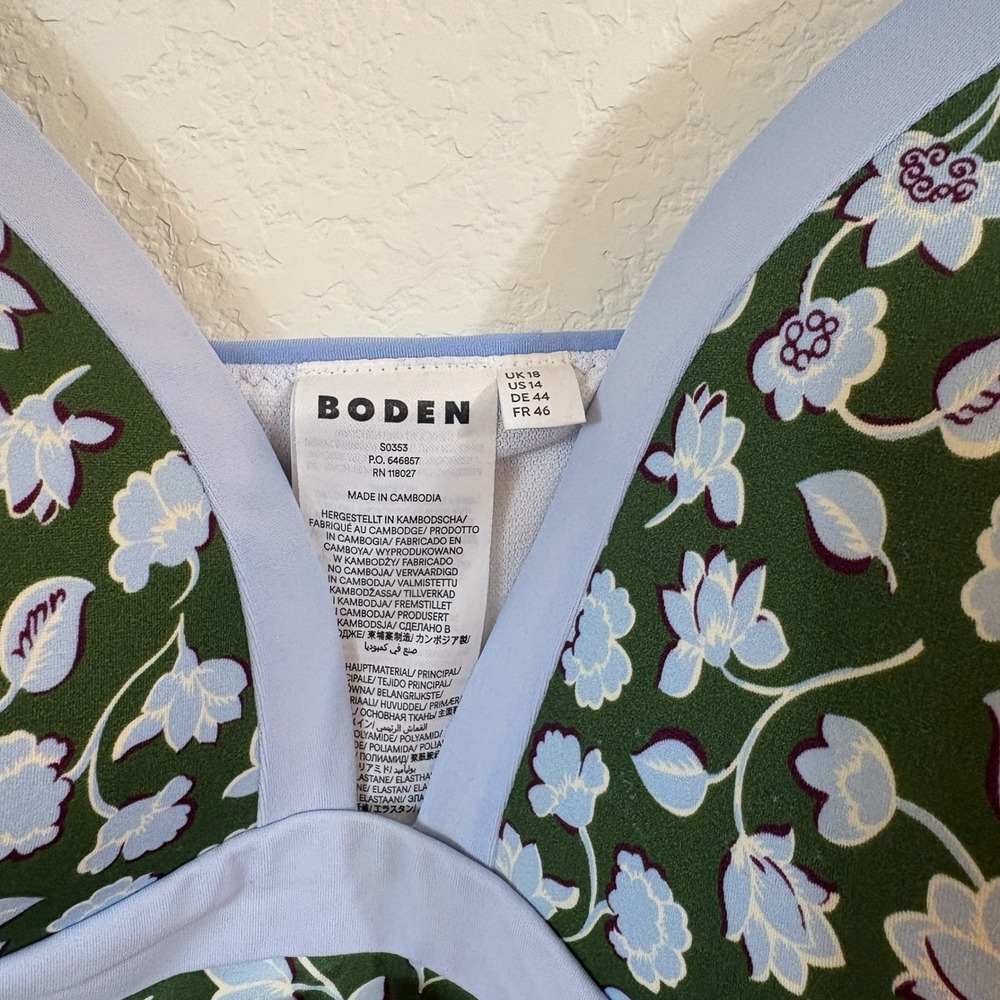 Boden One Piece Swimsuit Women 14 Green Floral V-Neck Adjustable Straps Preppy - Picture 4 of 8